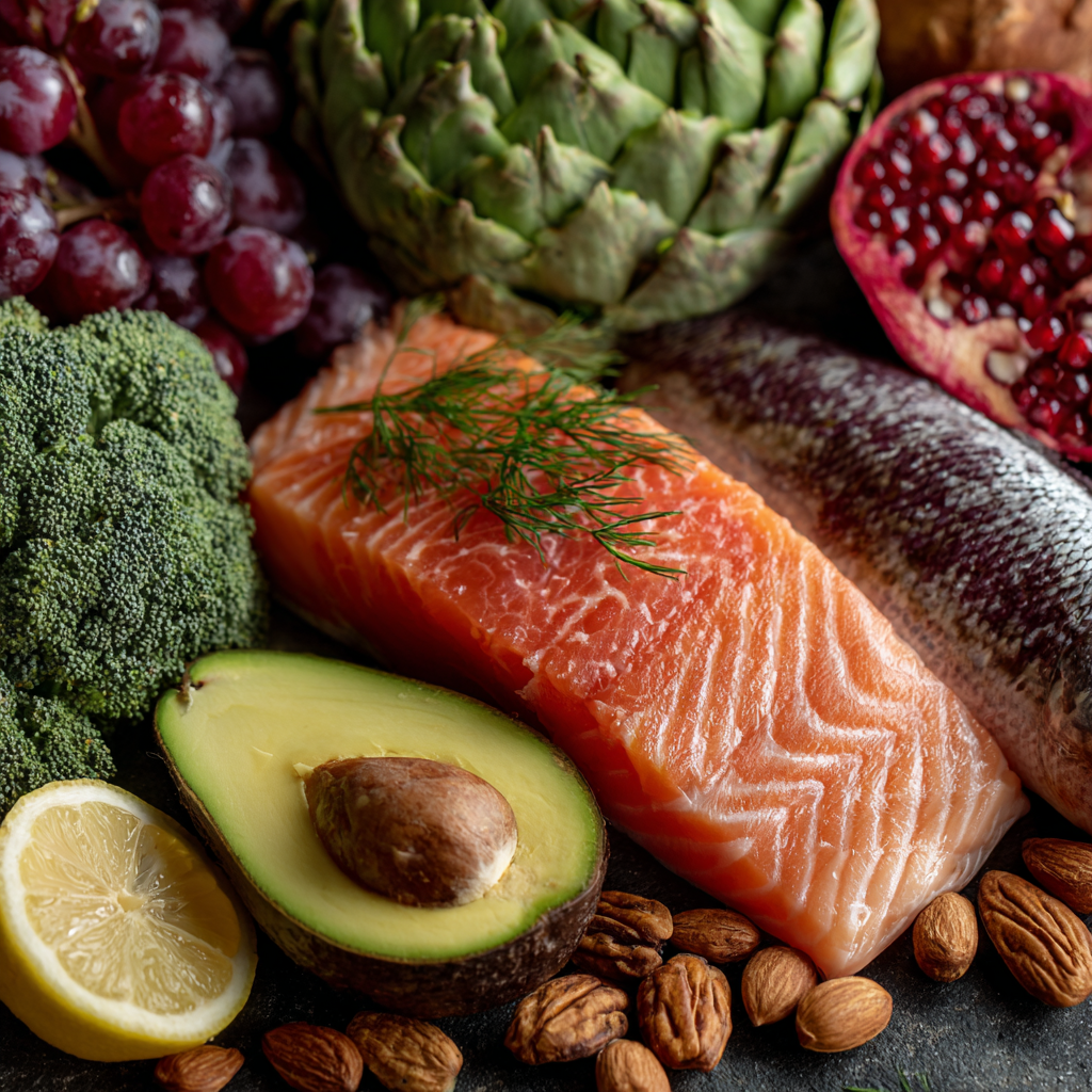 Colorful array of fresh vegetables, fruits, nuts and fish rich in vitamins and nutrients beneficial for eye health