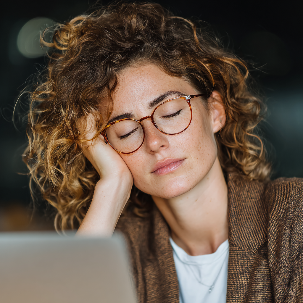 Professional woman taking a break from computer work, demonstrating proper eye care habits during digital device usage