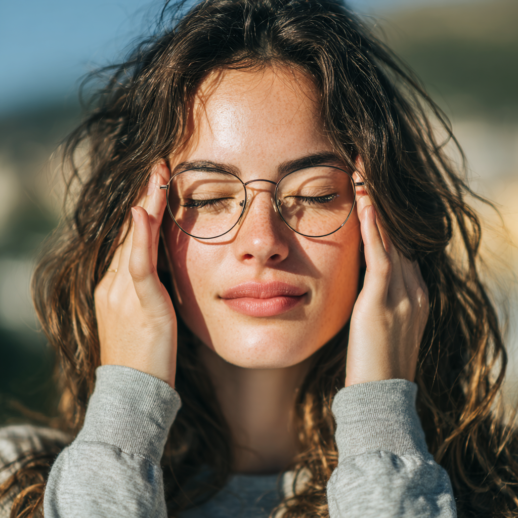 Young woman practicing eye exercises outdoors in natural sunlight, demonstrating healthy vision care routine
